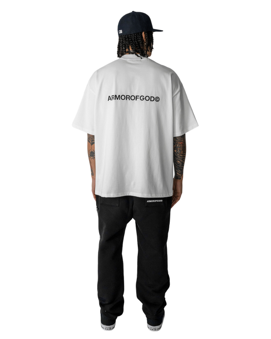 ARMOROFGOD Original Long Tshirt white — 275GSM premium cotton fabric close-up