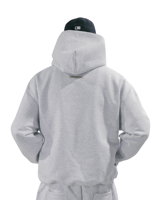 ARMOROFGOD Cloud Heavyweight Hoodie grey — back view showing centred logo embroidery