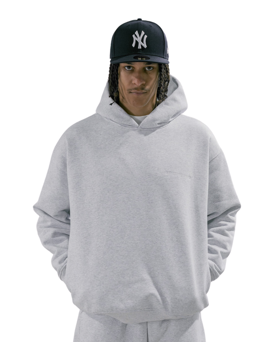 ARMOROFGOD Cloud Heavyweight Hoodie grey — model front view, 600GSM double-loop oversized hoodie