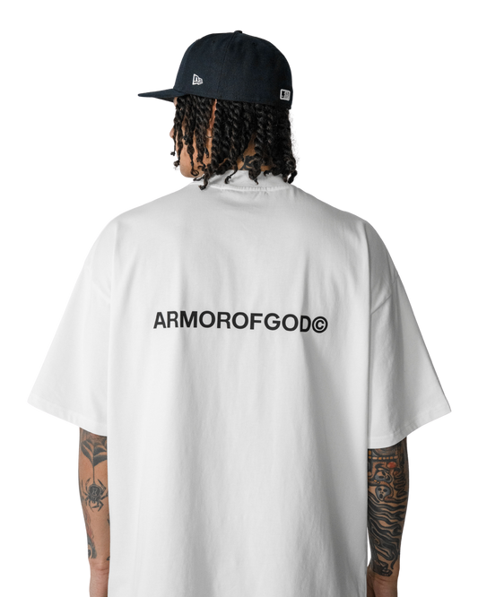 ARMOROFGOD Original Long Tshirt white — back view showing long-line silhouette