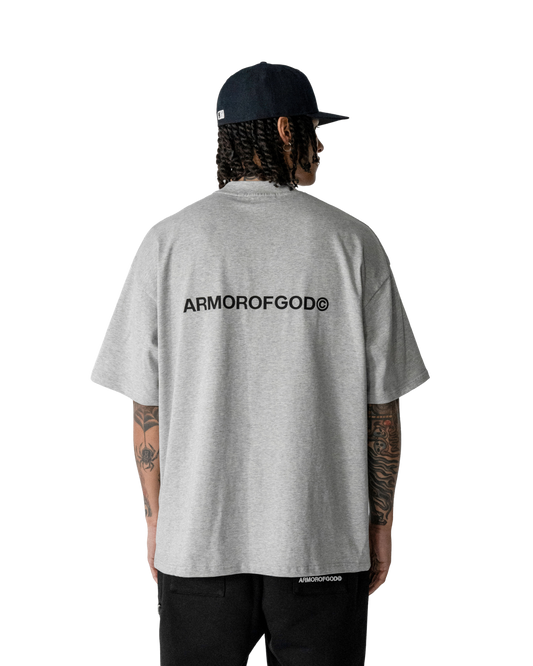 ARMOROFGOD Original Long Tshirt grey — back view showing long-line silhouette
