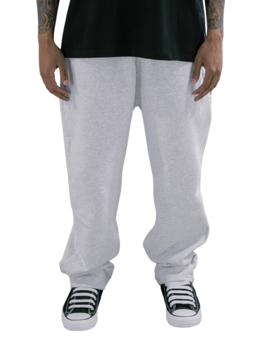 ARMOROFGOD Cloud Heavyweight Bottoms grey — model front view, 600GSM oversized faith-driven streetwear jogger